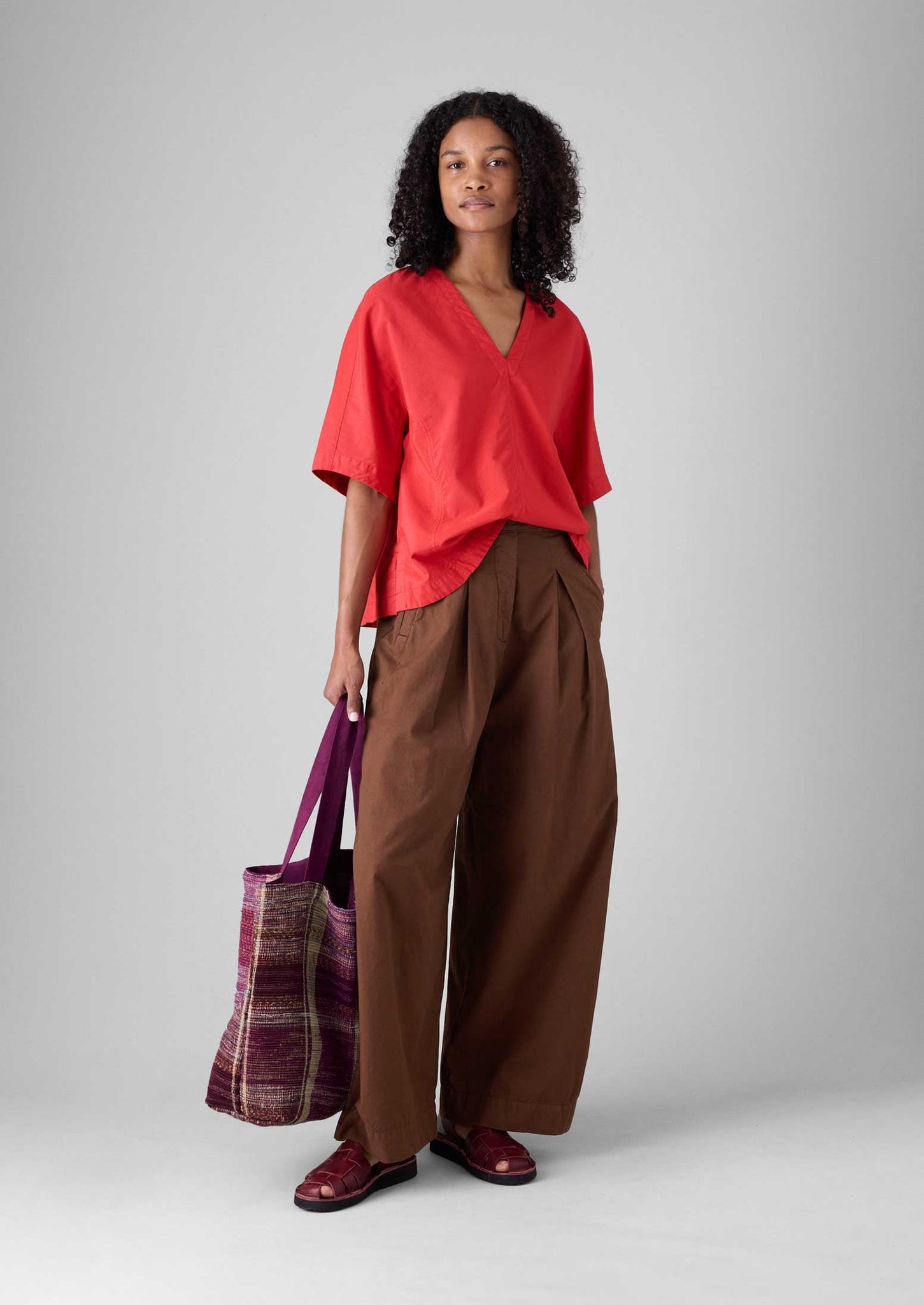 Textured Cotton Poplin V-Neck Top | Bright Red
