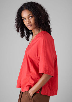 Textured Cotton Poplin V-Neck Top | Bright Red