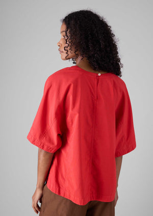 Textured Cotton Poplin V-Neck Top | Bright Red