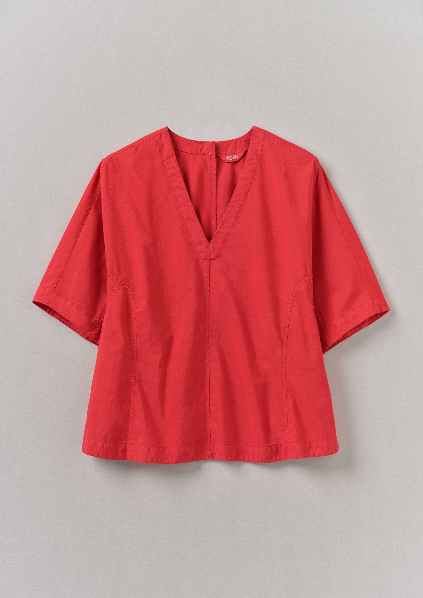 Textured Cotton Poplin V-Neck Top | Bright Red