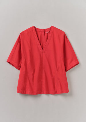Textured Cotton Poplin V-Neck Top | Bright Red