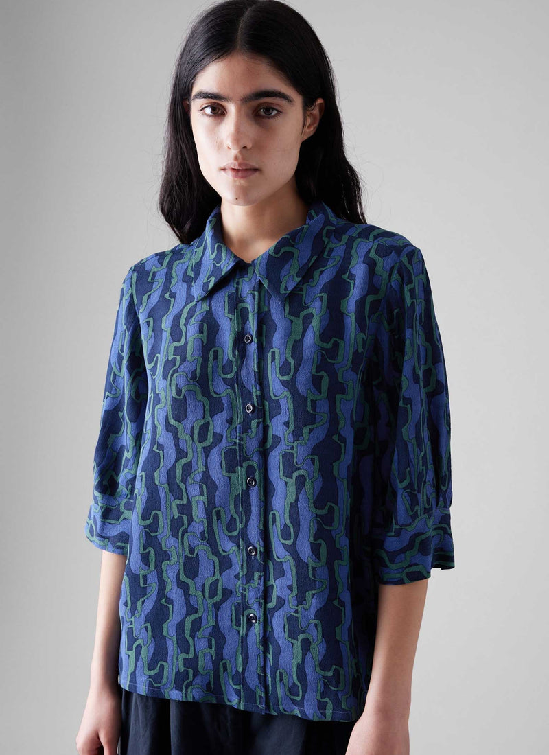 Gia Ribbon Print Shirt | Multi Blue/Copper Green