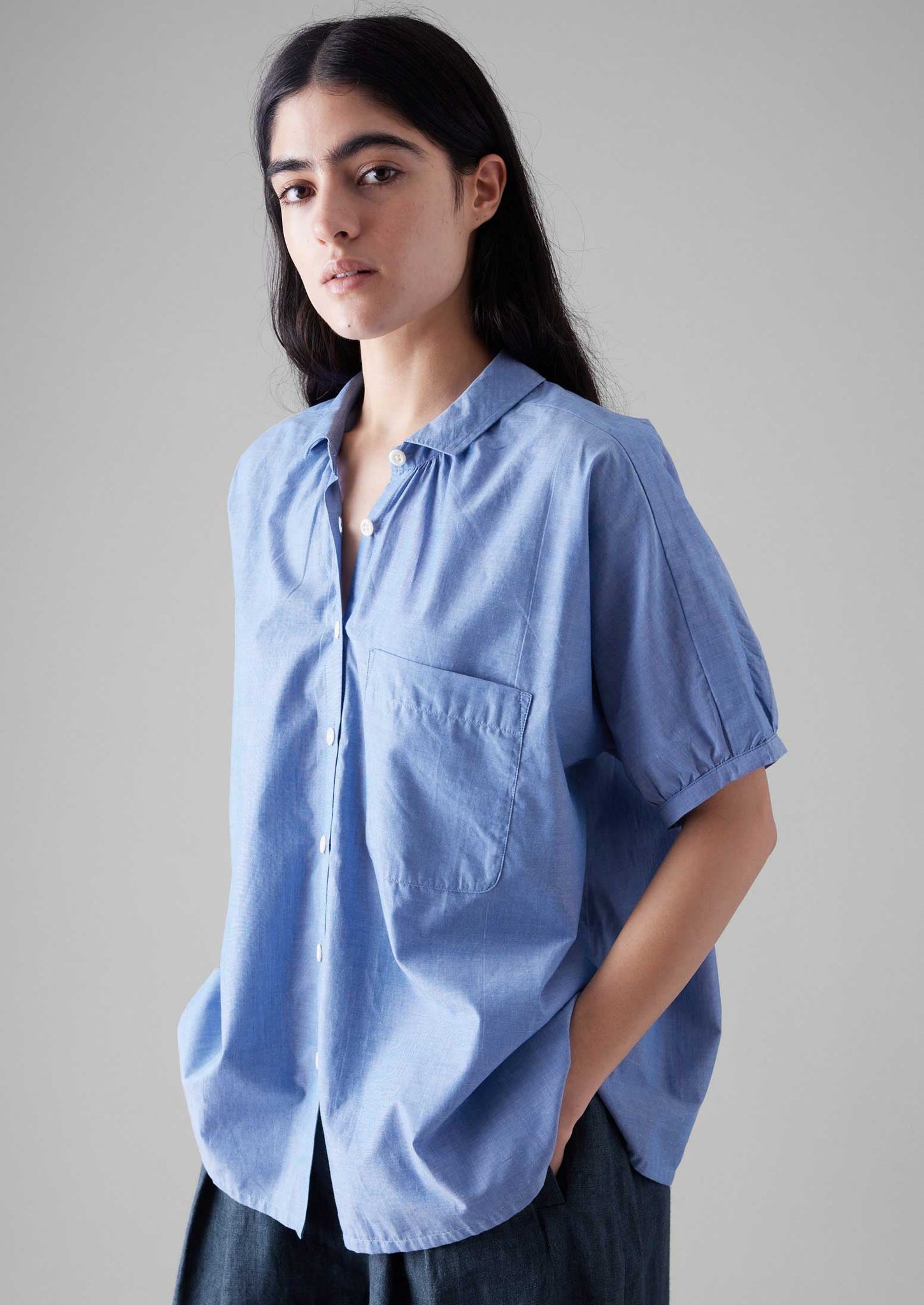 Gathered Cotton Chambray Shirt | Light Blue