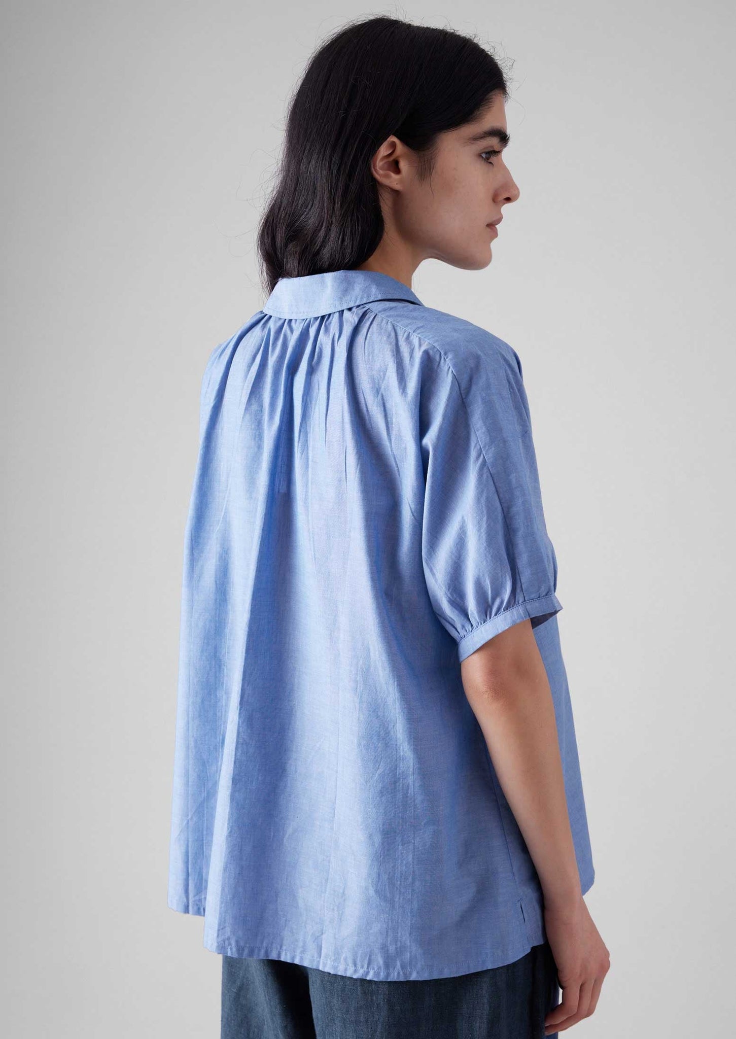 Gathered Cotton Chambray Shirt | Light Blue