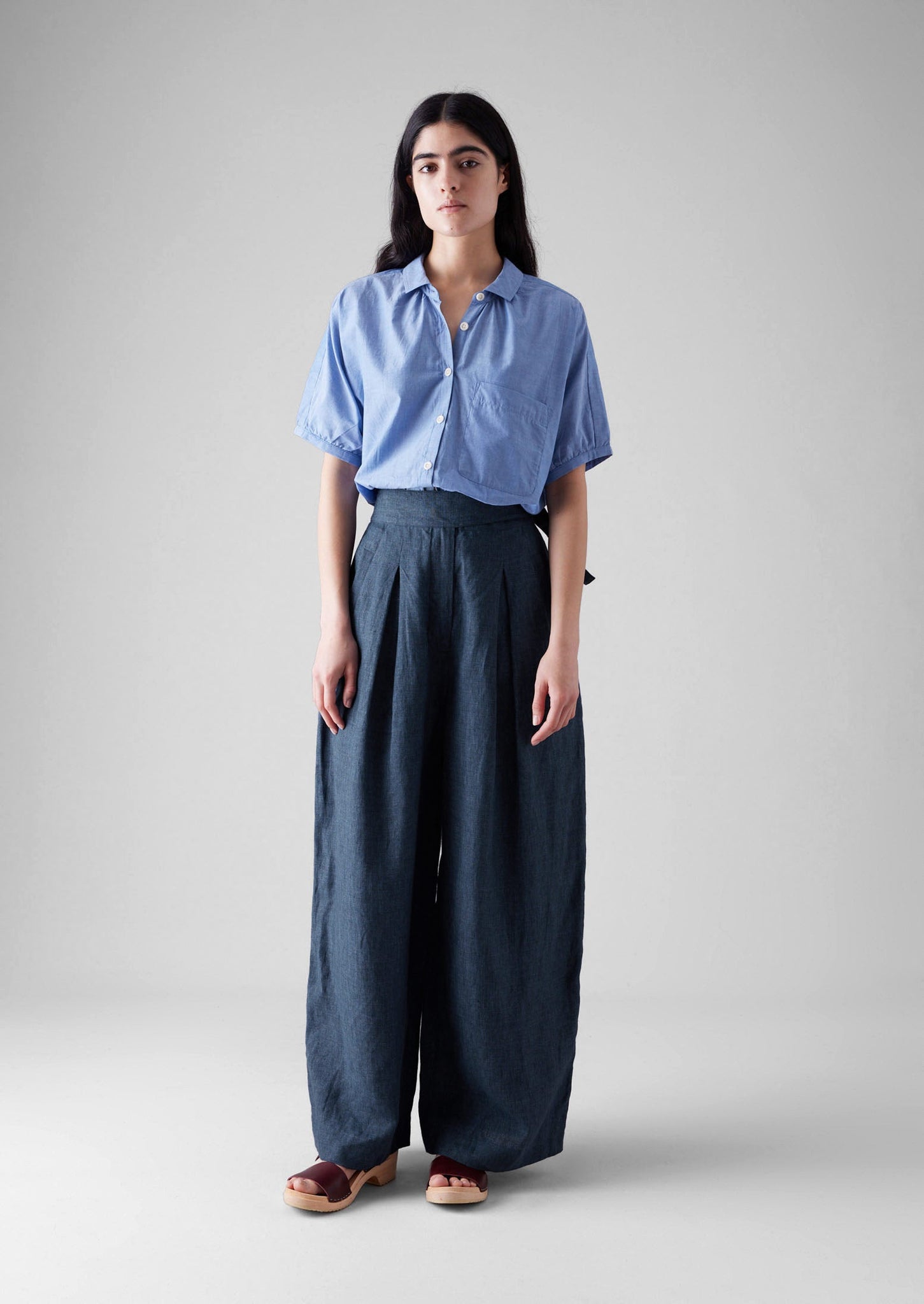 Gathered Cotton Chambray Shirt | Light Blue