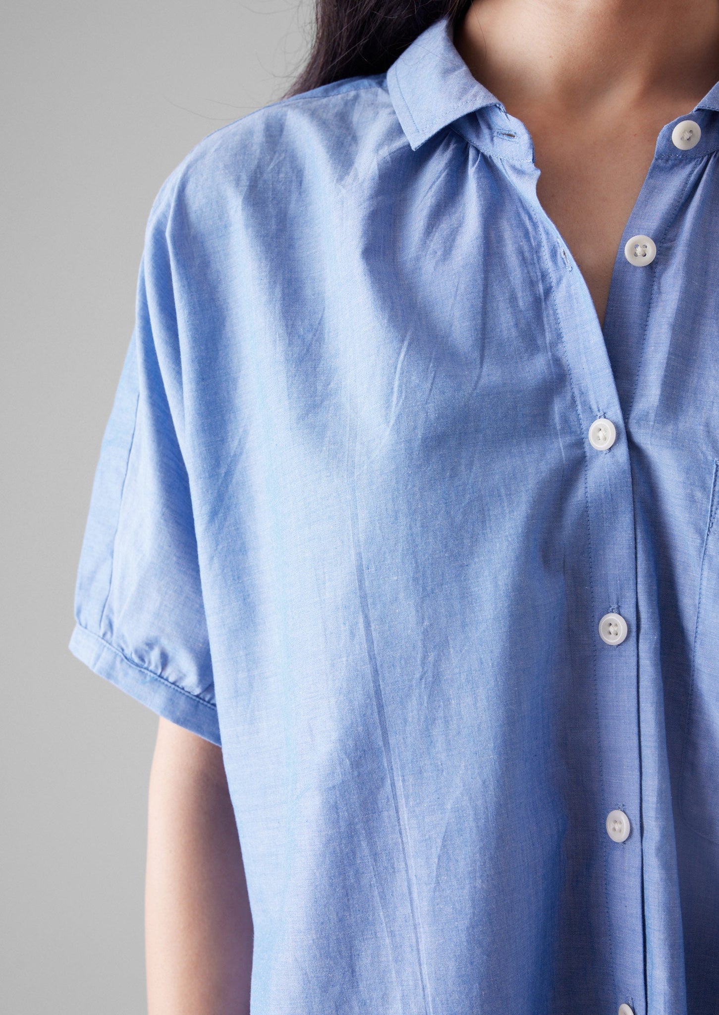 Gathered Cotton Chambray Shirt | Light Blue