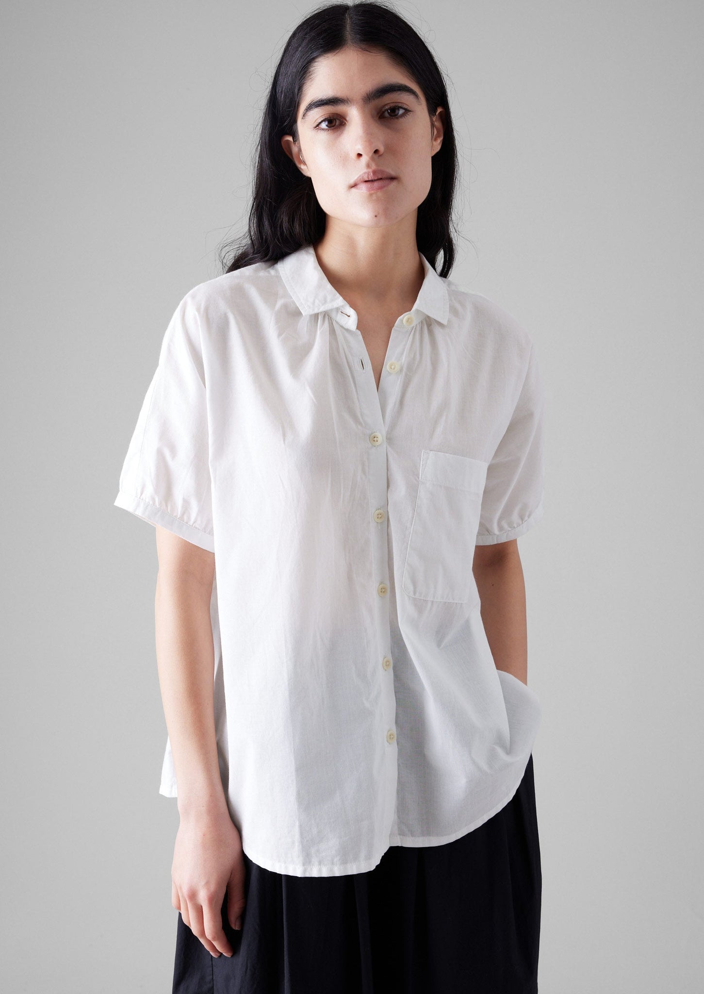 Gathered Cotton Chambray Shirt | White