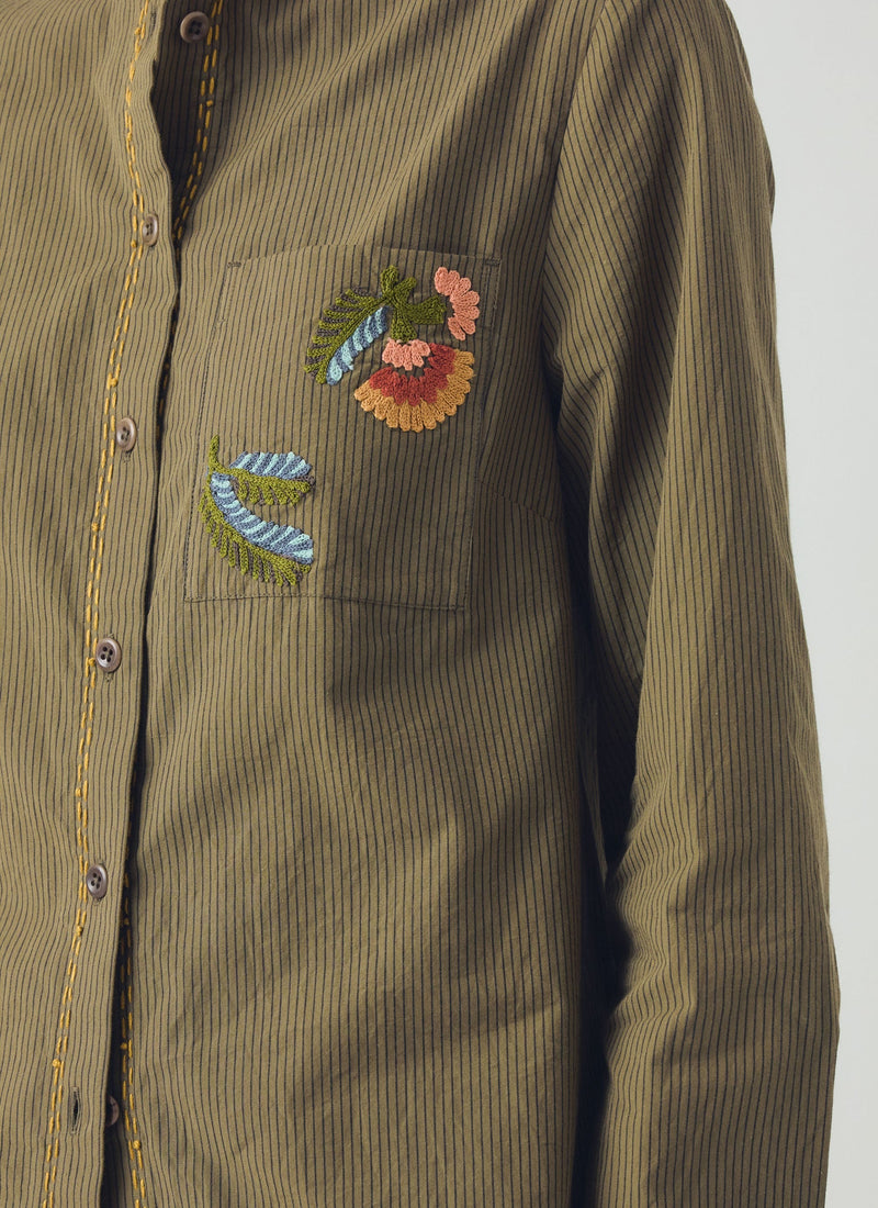 Embroidered Mini Stripe Cotton Shirt | Olive