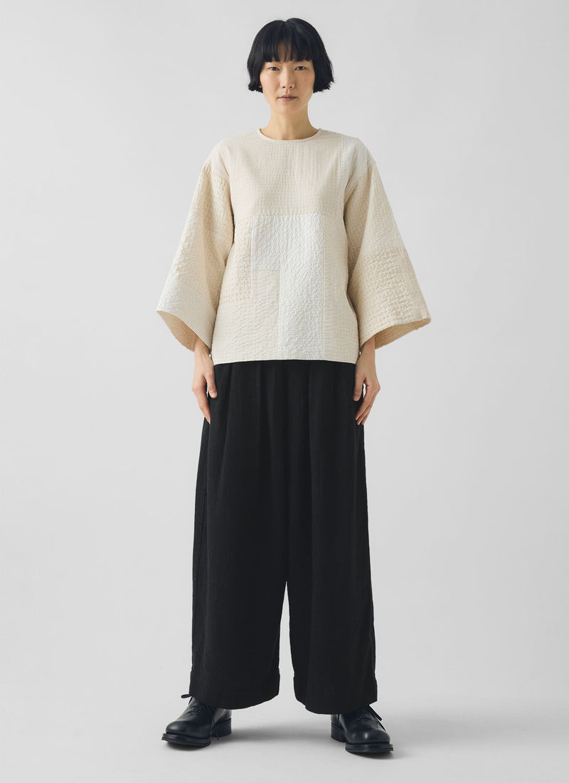 Patchwork Kantha Stitch Cotton Silk Top | White Salt
