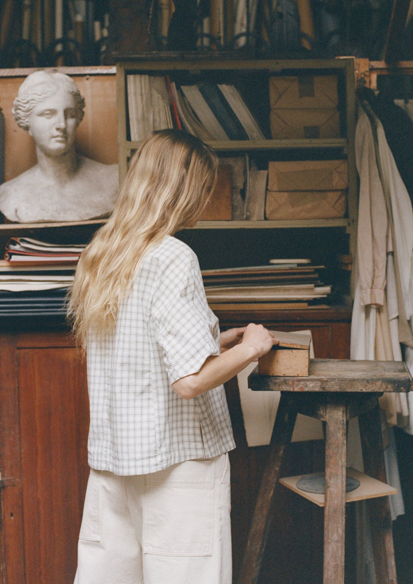 Cotton Window Pane Check V Neck Top | Ecru/Slate