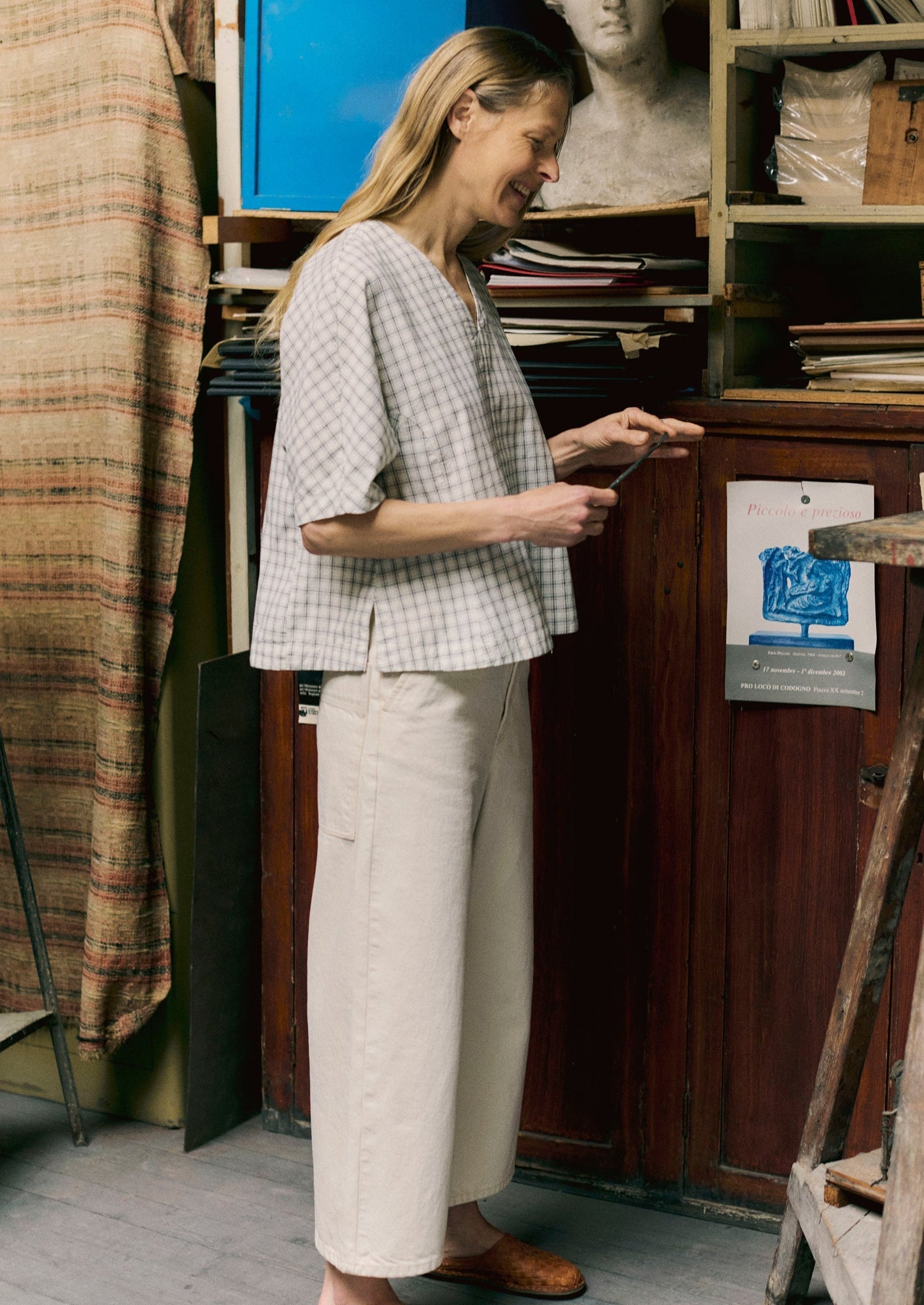 Cotton Window Pane Check V Neck Top | Ecru/Slate