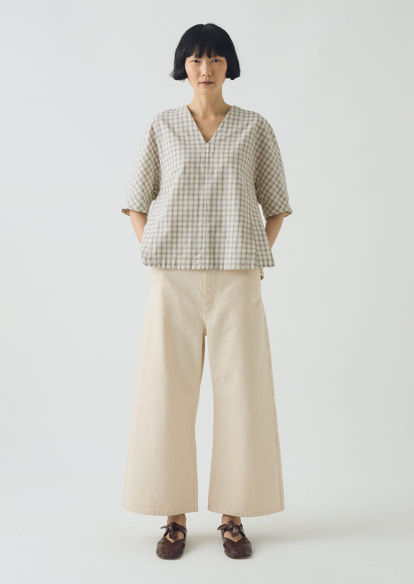 Cotton Window Pane Check V Neck Top | Ecru/Slate