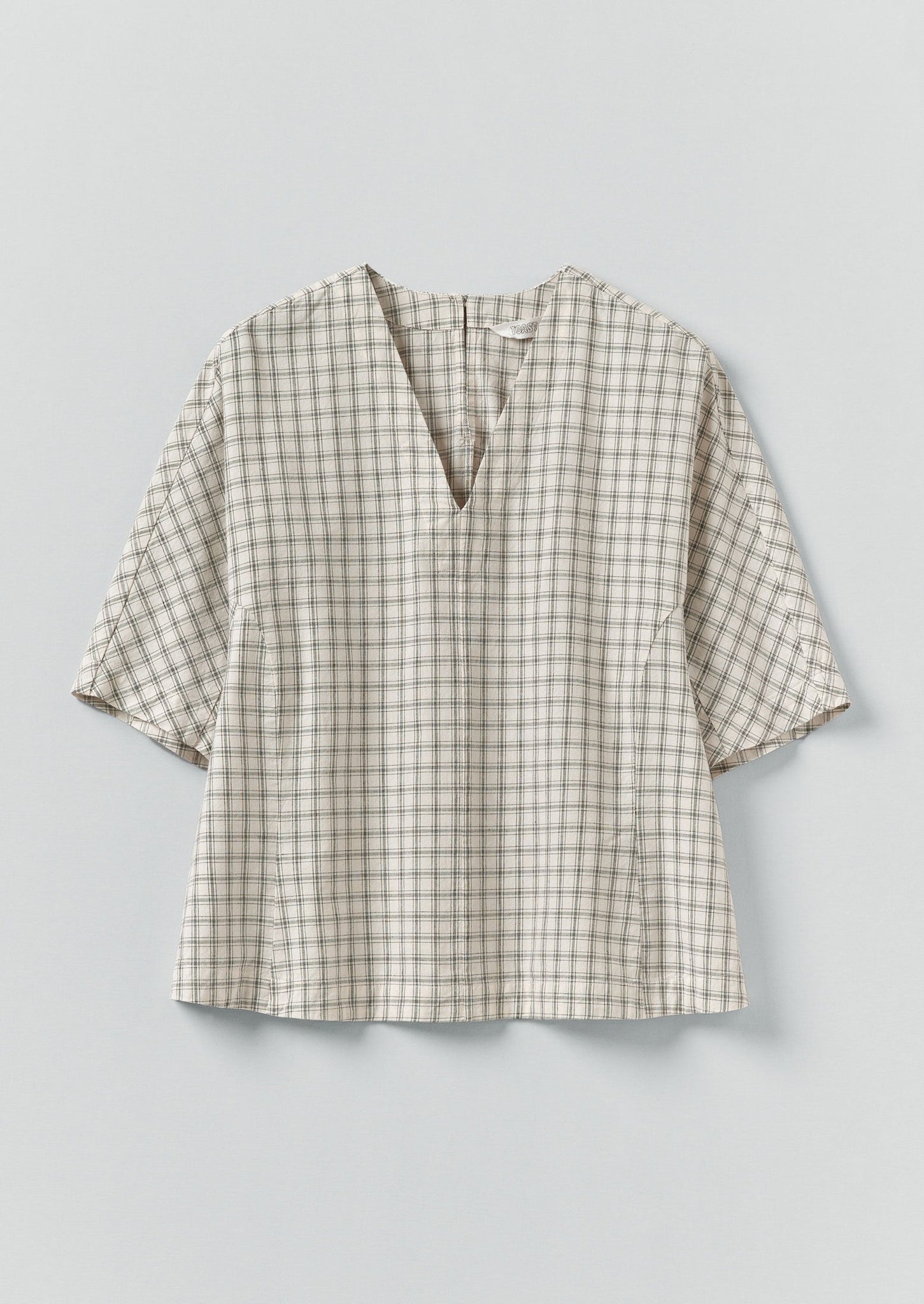 Cotton Window Pane Check V Neck Top | Ecru/Slate