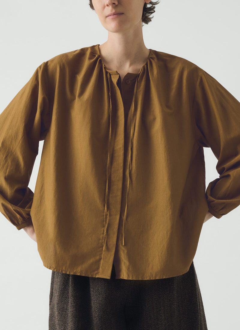 Gathered Neck Cotton Silk Shirt | Old Gold