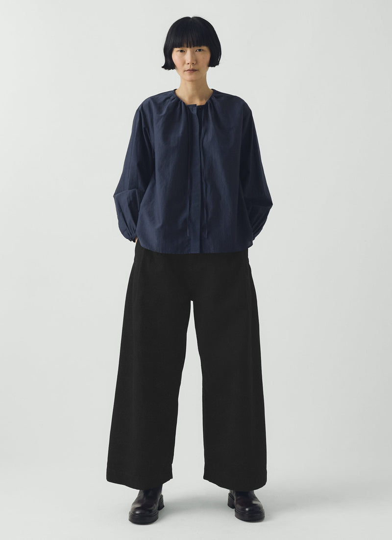 Gathered Neck Cotton Silk Shirt | Navy