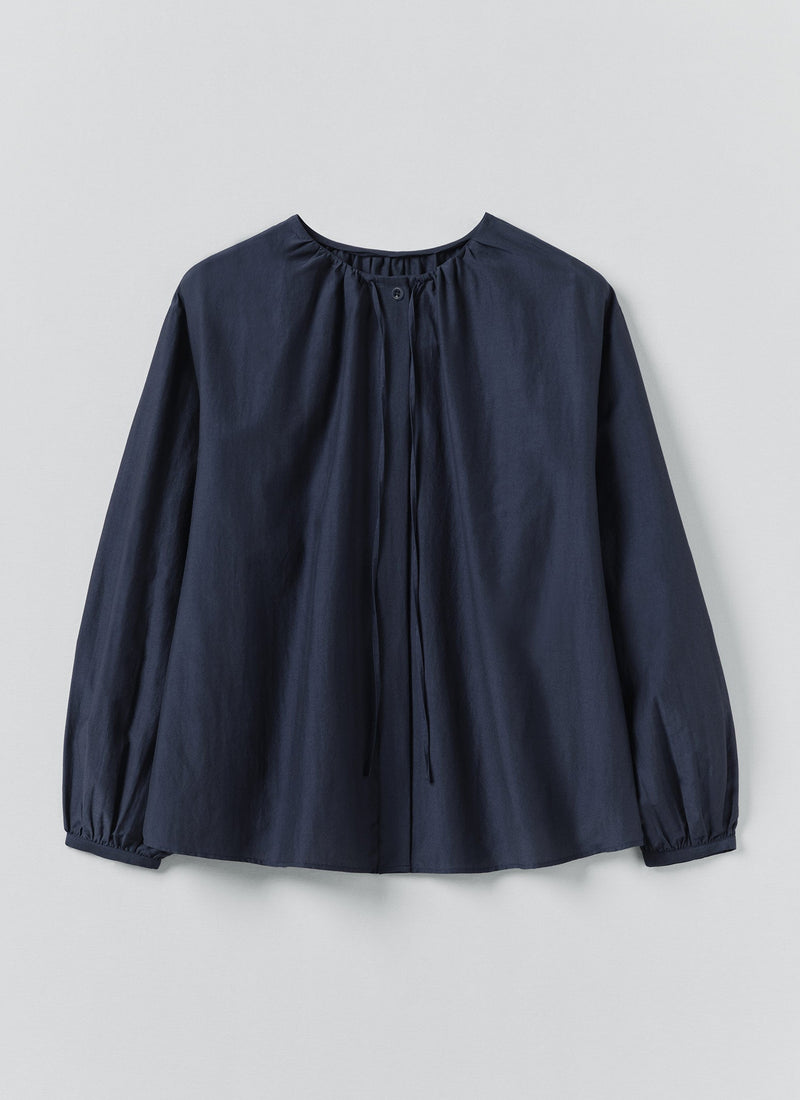 Gathered Neck Cotton Silk Shirt | Navy