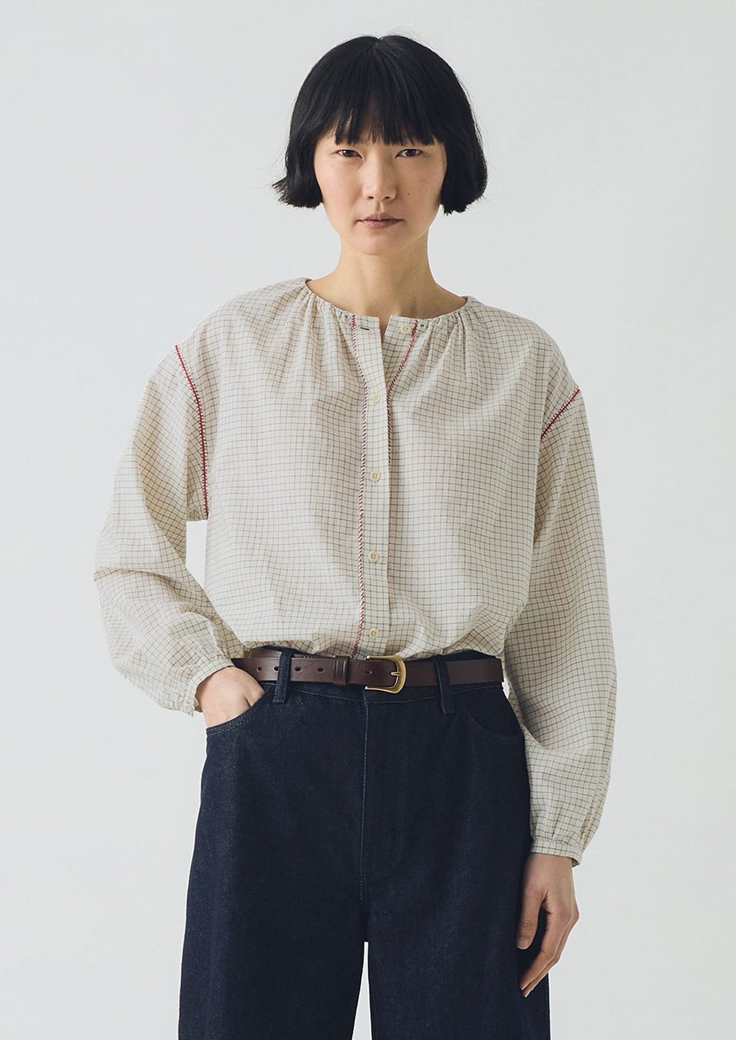 Graph Check Mulmul Shirt | Ecru