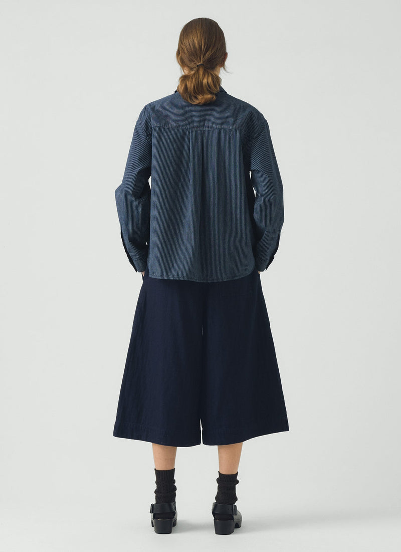 Railroad Stripe Cotton Smock Popover Shirt | Denim Blue