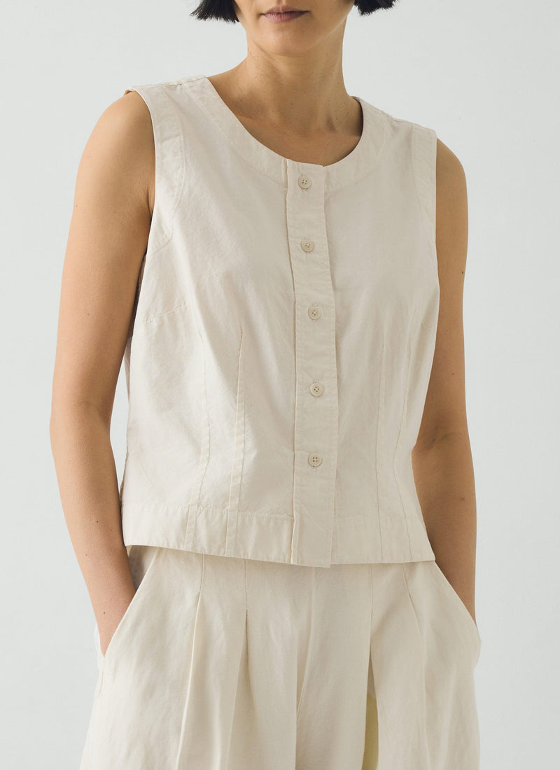Cotton Linen Poplin Sleeveless Top | Ecru