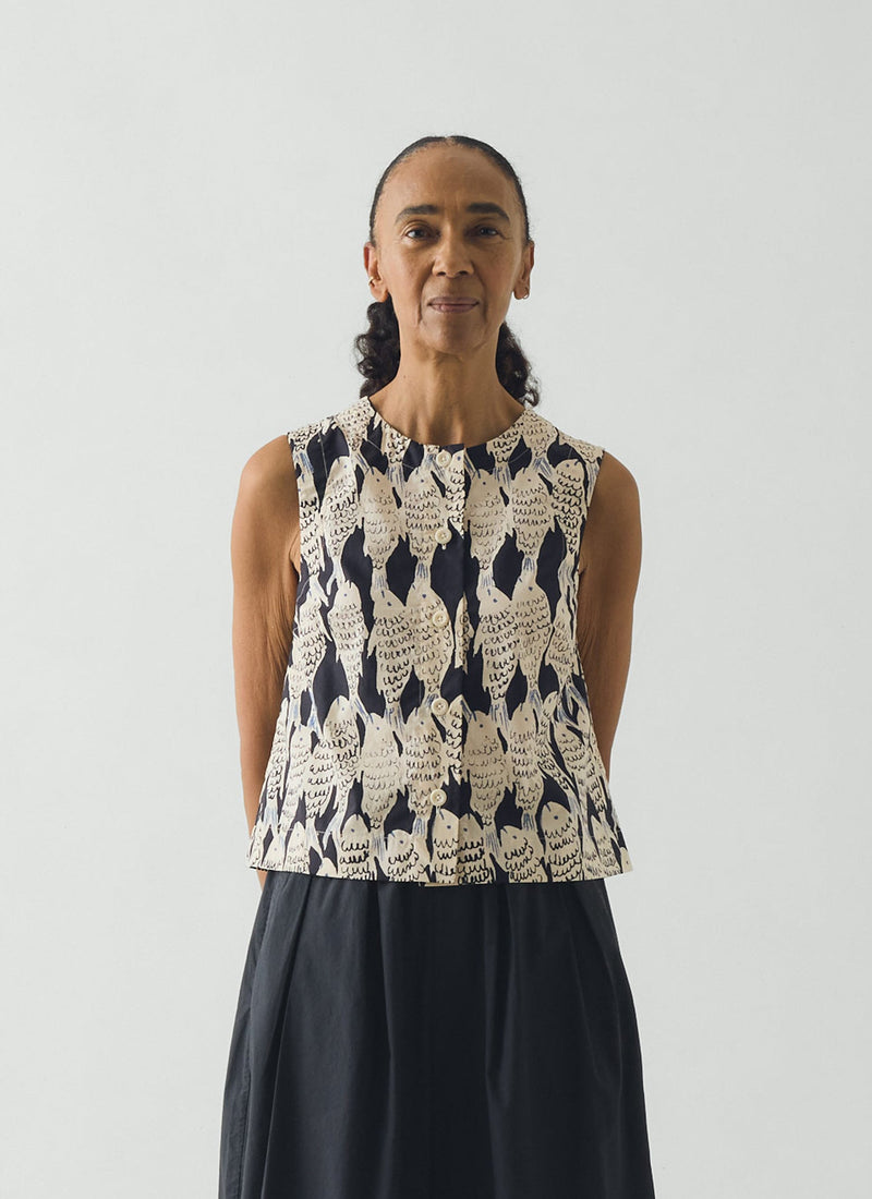Market Fish Print Cotton Poplin Top | Slate