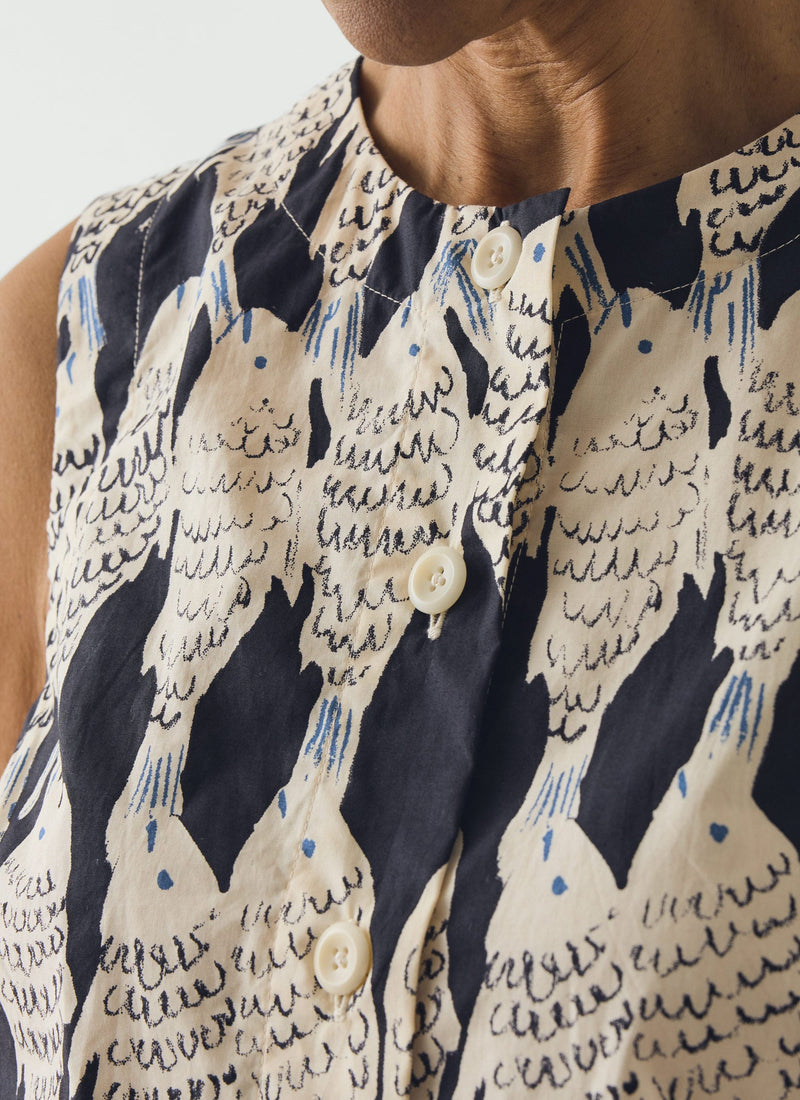 Market Fish Print Cotton Poplin Top | Slate