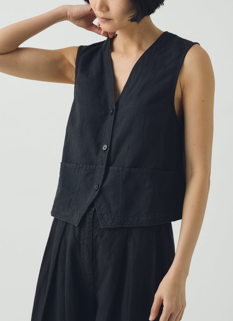 Cotton Linen Canvas Waistcoat Top | Soft Black