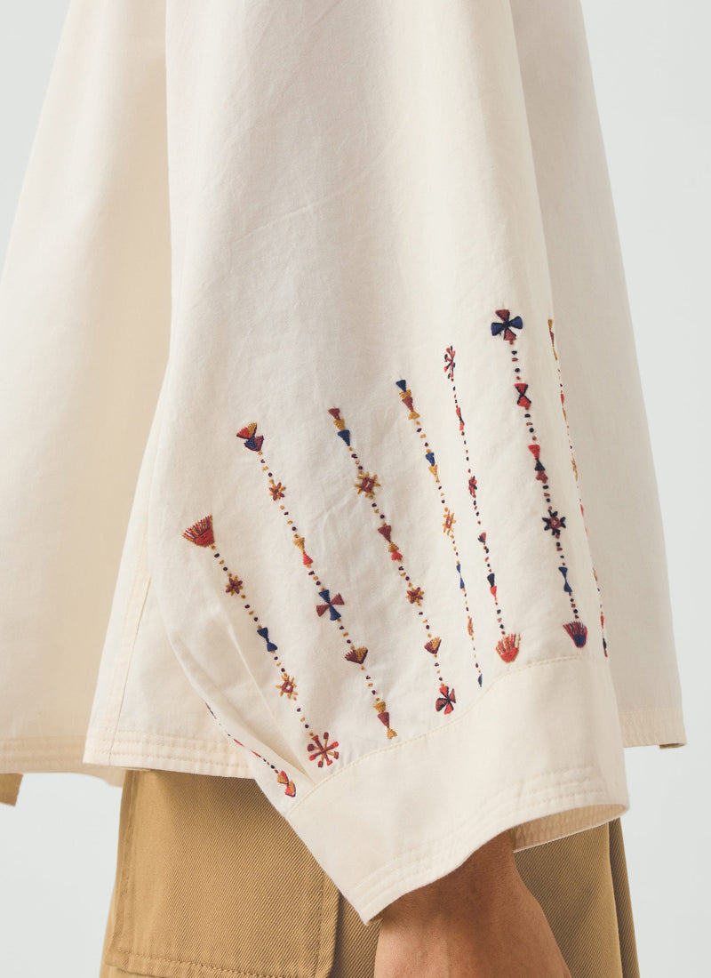 Embroidered Sleeve Cotton Satin Top | Natural