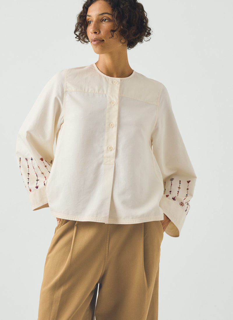 Embroidered Sleeve Cotton Satin Top | Natural