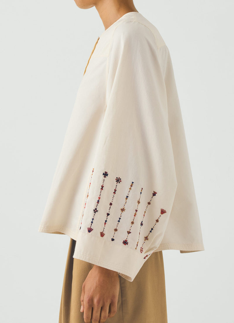 Embroidered Sleeve Cotton Satin Top | Natural