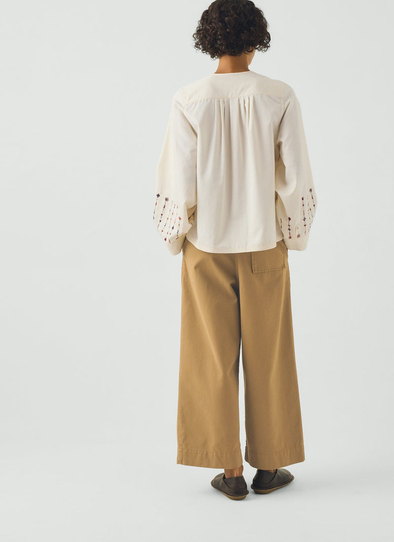 Embroidered Sleeve Cotton Satin Top | Natural