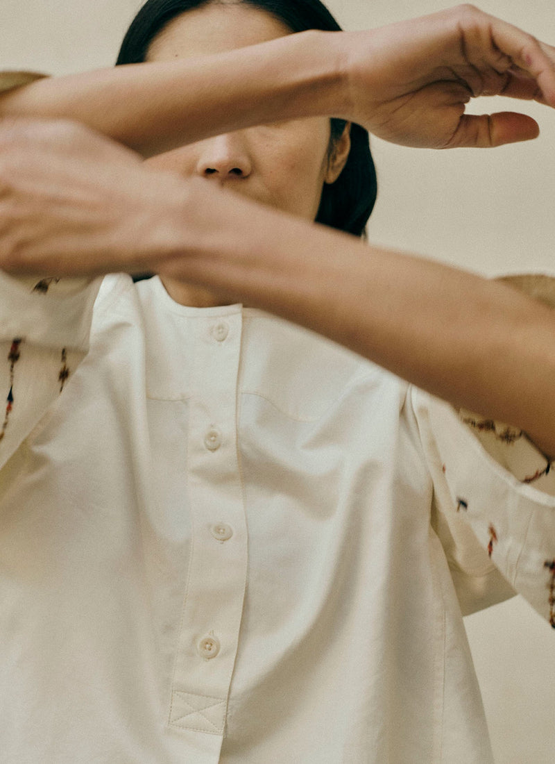 Embroidered Sleeve Cotton Satin Top | Natural