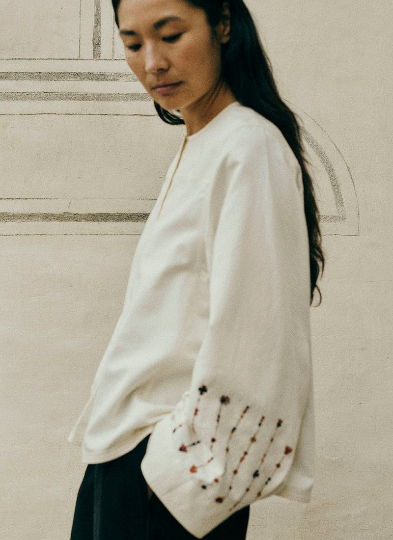 Embroidered Sleeve Cotton Satin Top | Natural