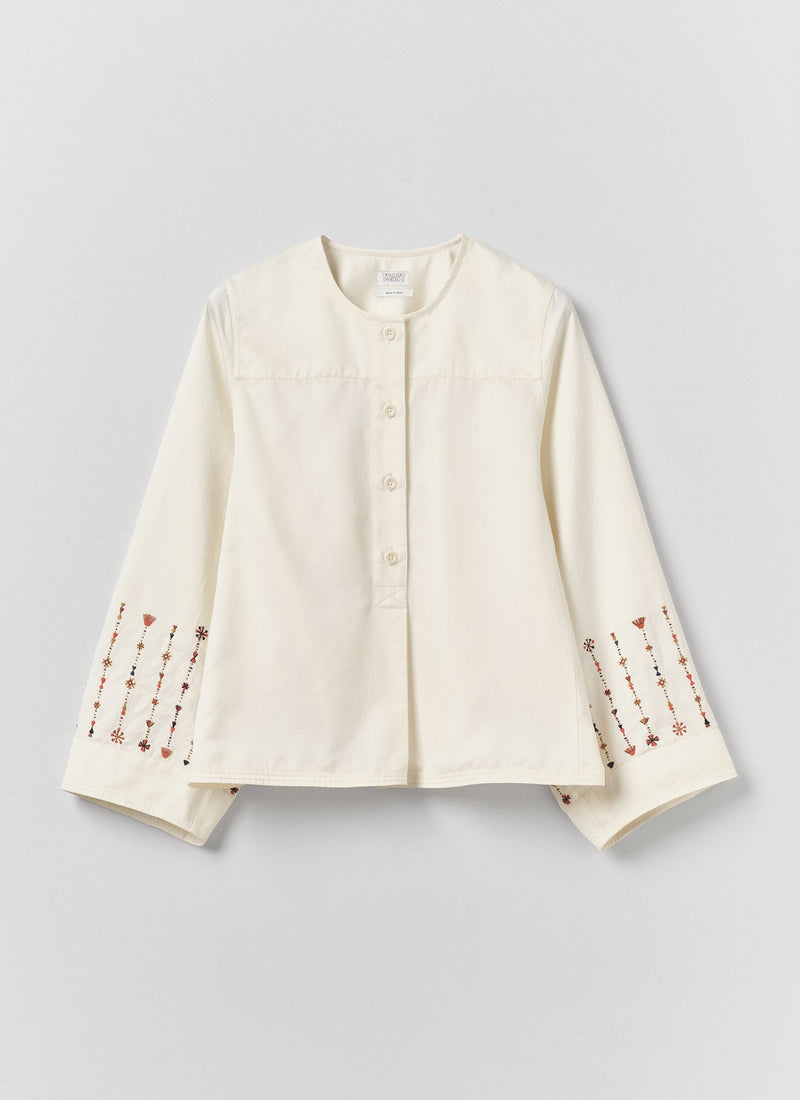 Embroidered Sleeve Cotton Satin Top | Natural