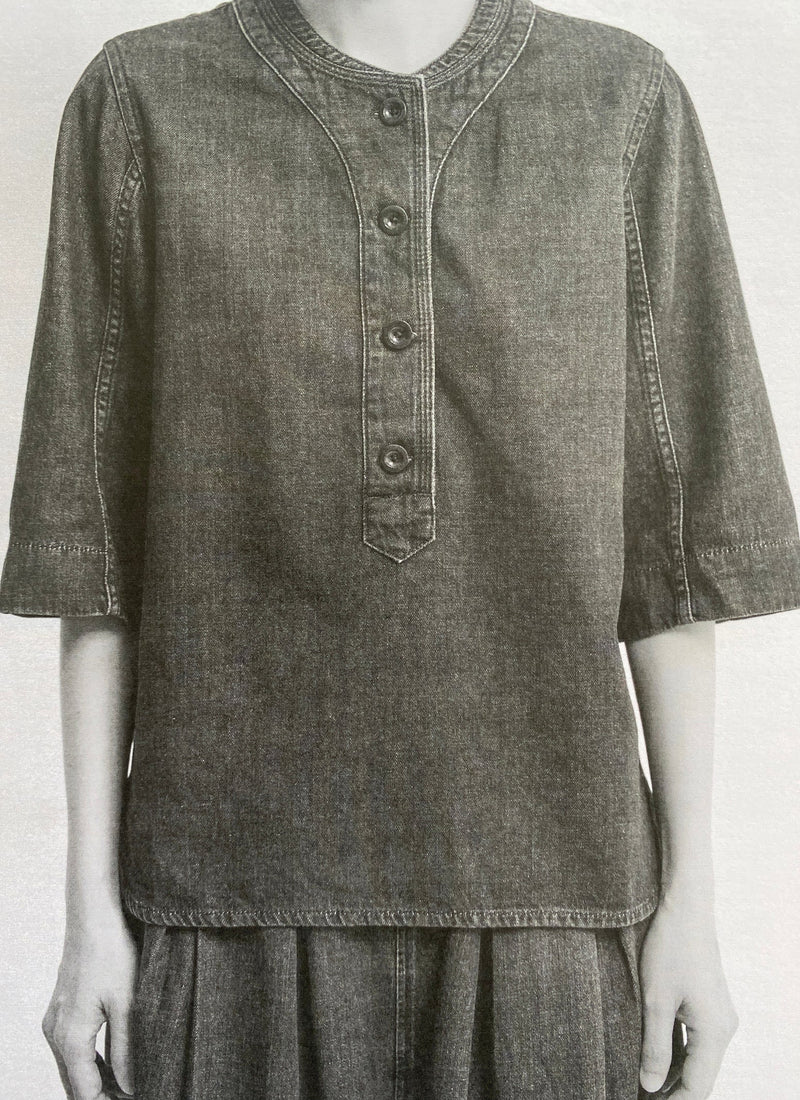 Cotton Denim Placket Detail Top | Indigo
