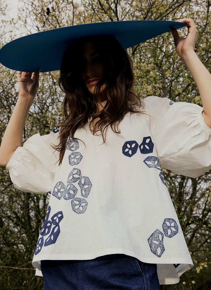 Seed Block Print Cotton Top | Rich Blue/White