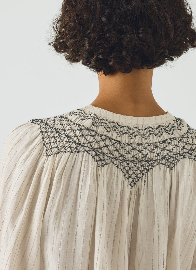 Smocked Neck Cotton Silk Mulmul Top | Ecru Multi