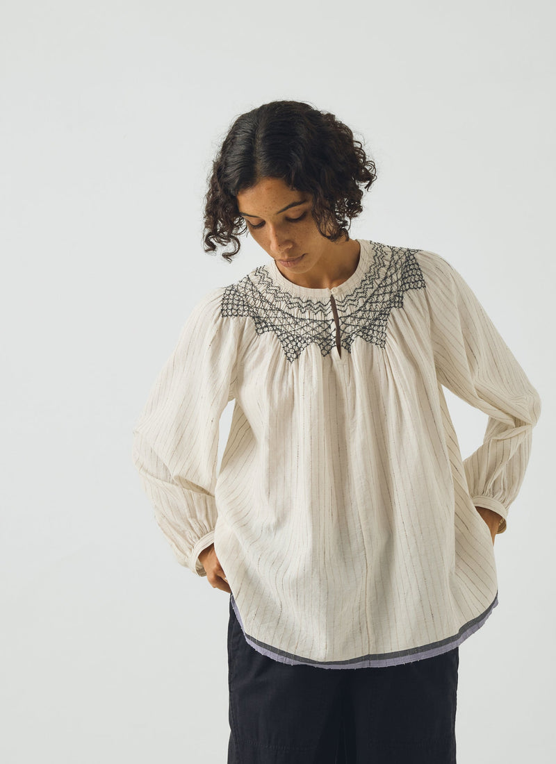 Smocked Neck Cotton Silk Mulmul Top | Ecru Multi