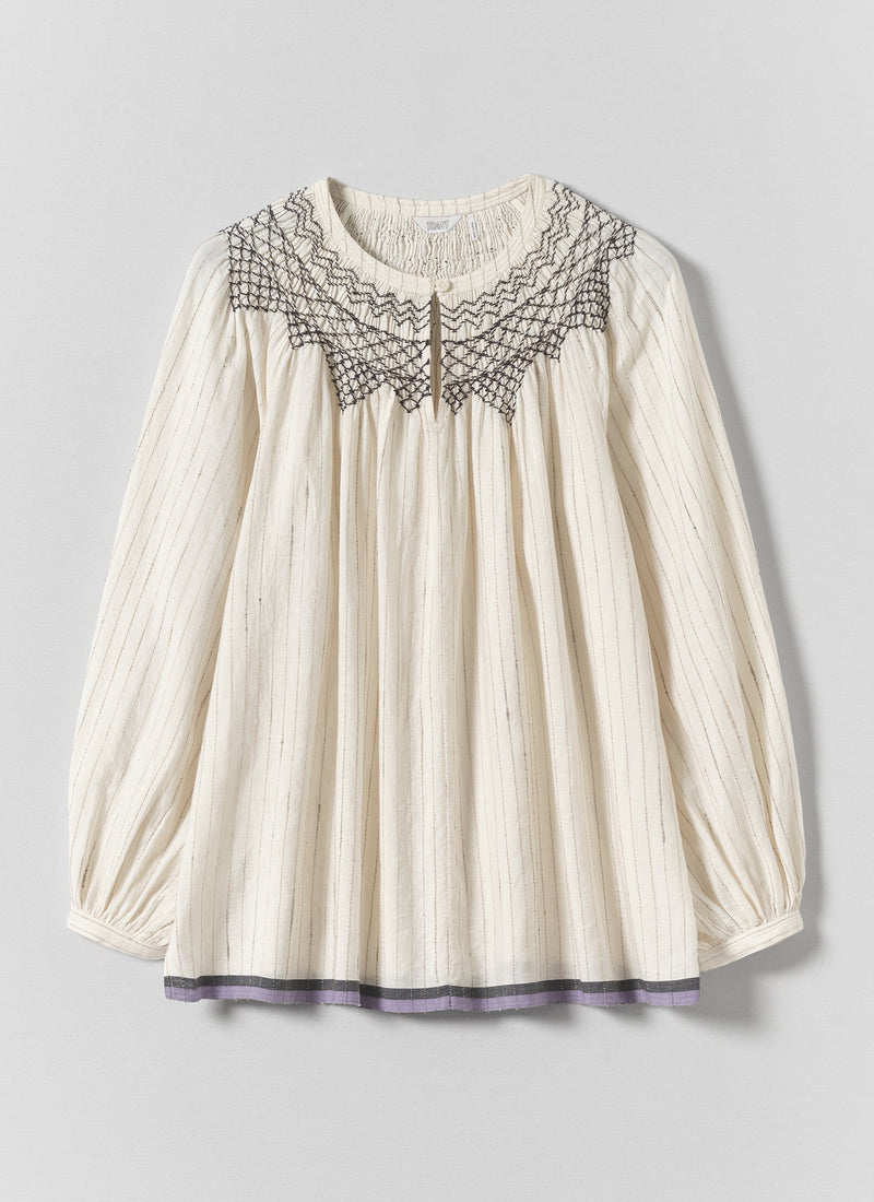 Smocked Neck Cotton Silk Mulmul Top | Ecru Multi