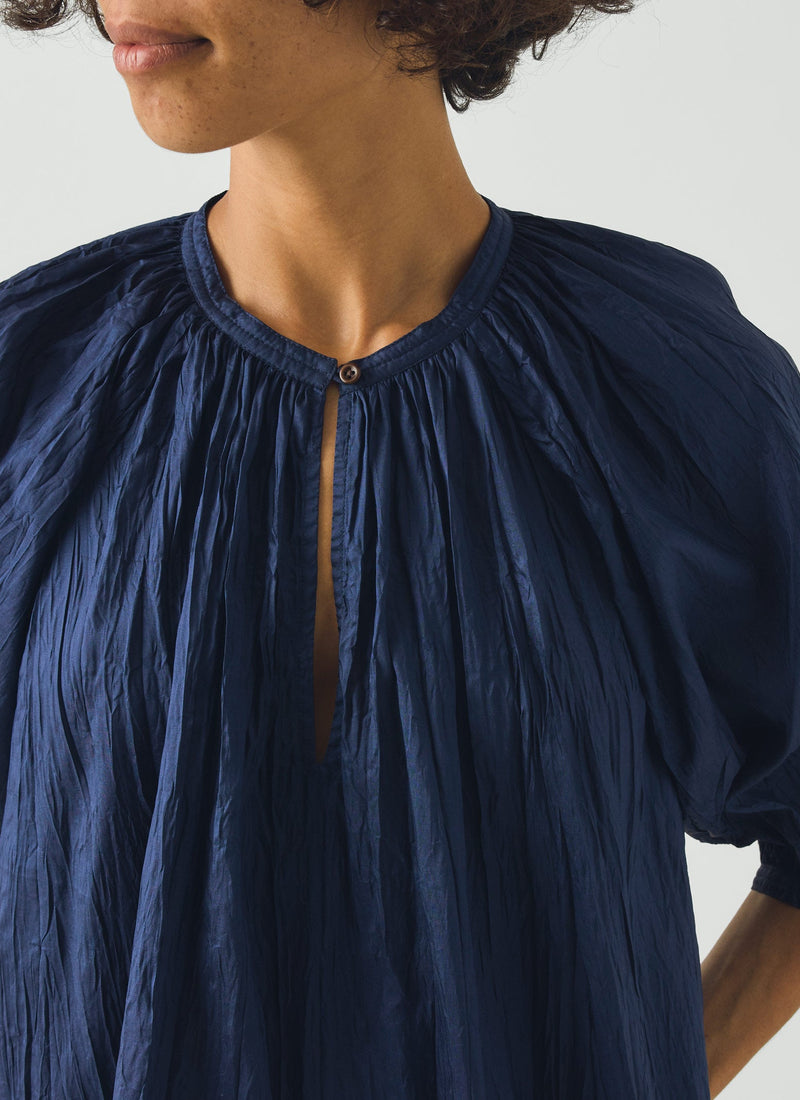 Gathered Neck Silk Taffeta Top | Indigo Blue