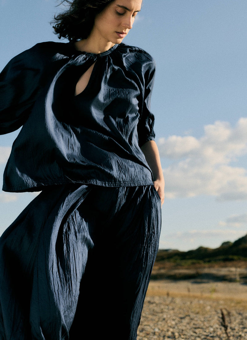 Gathered Neck Silk Taffeta Top | Indigo Blue