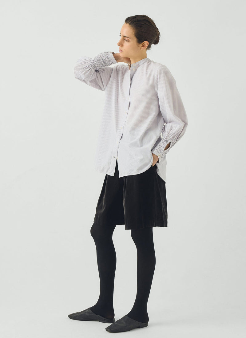 Hand Smocked Stripe Cotton Shirt | Ecru/Thistle