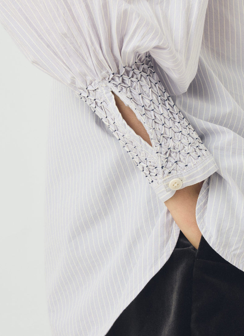 Hand Smocked Stripe Cotton Shirt | Ecru/Thistle